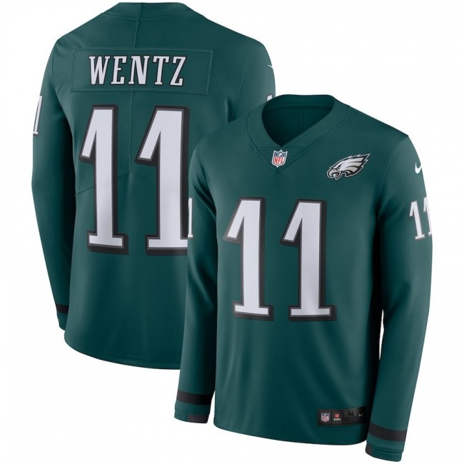 Men's Eagles #11 Carson Wentz Midnight Green Team Color Men's Stitched NFL Limited Therma Long Sleeve Jersey