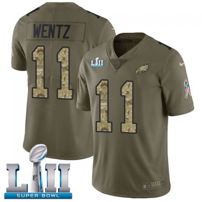 Philadelphia Eagles #11 Carson Wentz Olive-Camo Super Bowl LII Youth Stitched NFL Limited 2017 Salute to Service Jersey