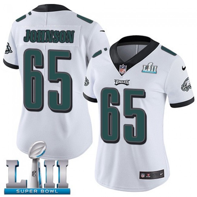 Women's Eagles #65 Lane Johnson White Super Bowl LII Stitched NFL Vapor Untouchable Limited Jersey