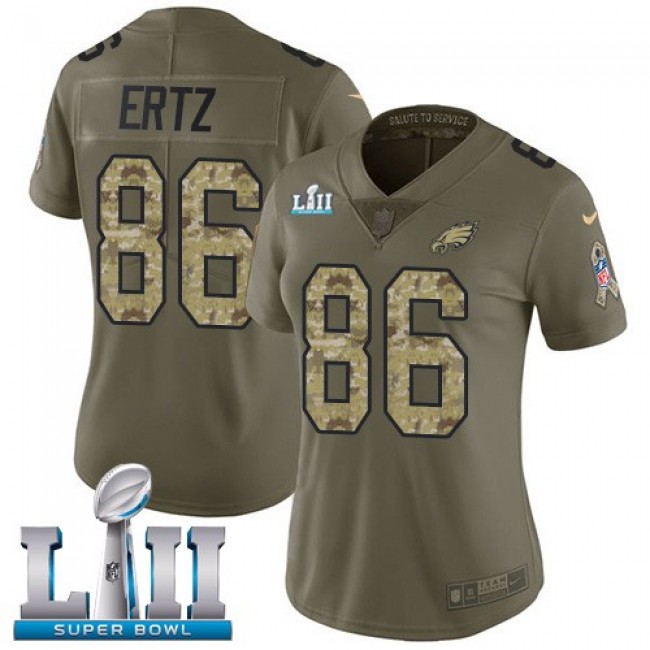 Women's Eagles #86 Zach Ertz Olive Camo Super Bowl LII Stitched NFL Limited 2017 Salute to Service Jersey