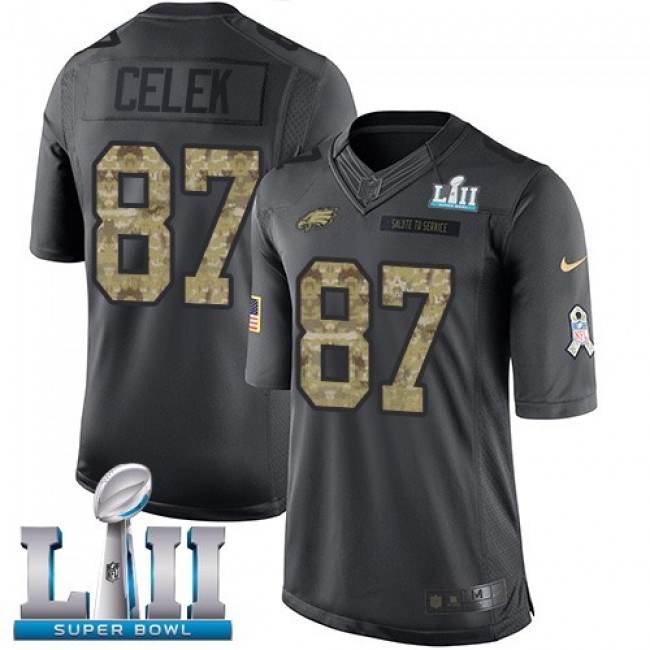 Philadelphia Eagles #87 Brent Celek Black Super Bowl LII Youth Stitched NFL Limited 2016 Salute to Service Jersey