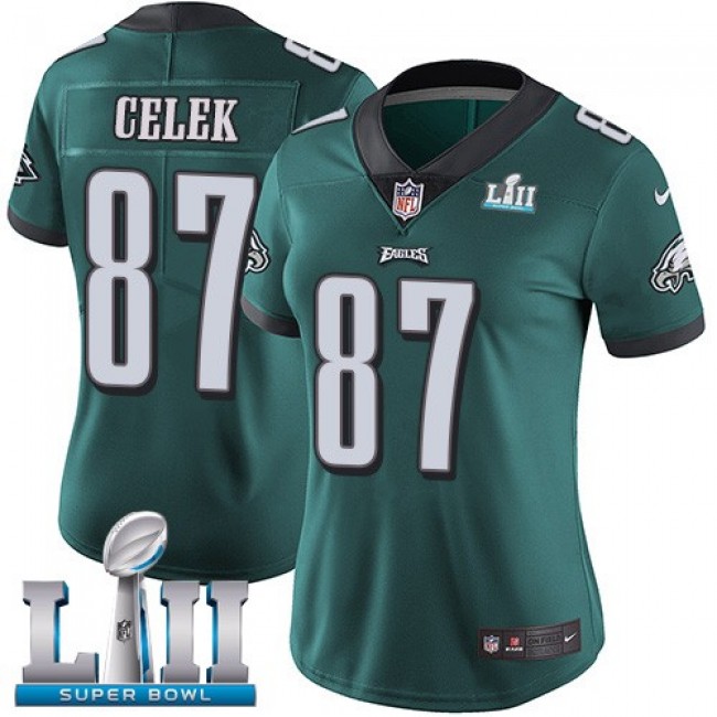 Women's Eagles #87 Brent Celek Midnight Green Team Color Super Bowl LII Stitched NFL Vapor Untouchable Limited Jersey