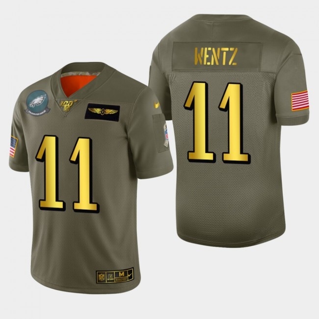 Philadelphia Eagles #11 Carson Wentz Men's Nike Olive Gold 2019 Salute to Service Limited NFL 100 Jersey