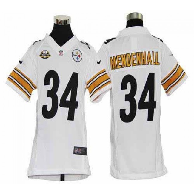 Pittsburgh Steelers #34 Rashard Mendenhall White With 80TH Patch Youth Stitched NFL Elite Jersey