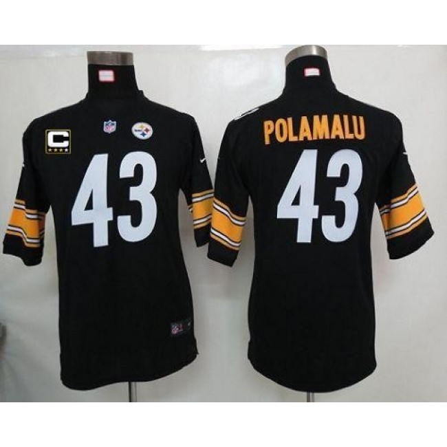 Pittsburgh Steelers #43 Troy Polamalu Black Team Color With C Patch Youth Stitched NFL Elite Jersey