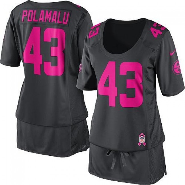 Women's Steelers #43 Troy Polamalu Dark Grey Breast Cancer Awareness Stitched NFL Elite Jersey