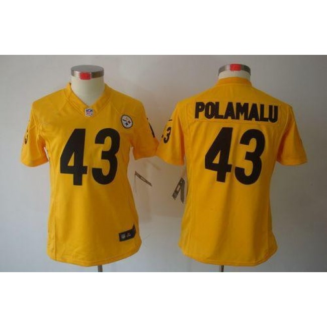 Women's Steelers #43 Troy Polamalu Gold Stitched NFL Limited Jersey