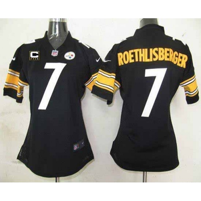 Women's Steelers #7 Ben Roethlisberger Black Team Color With C Patch Stitched NFL Elite Jersey