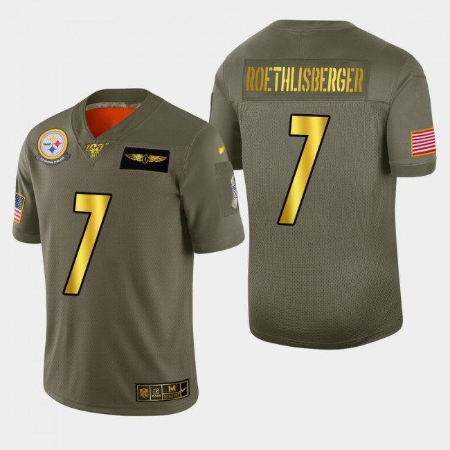 Nike Steelers #7 Ben Roethlisberger Men's Olive Gold 2019 Salute to Service NFL 100 Limited Jersey