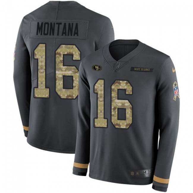 Nike 49ers #16 Joe Montana Anthracite Salute to Service Men's Stitched NFL Limited Therma Long Sleeve Jersey