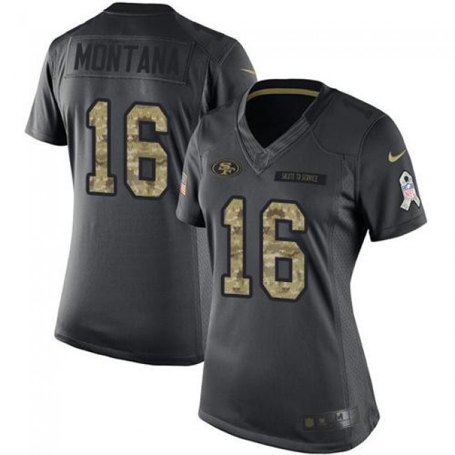 Women's 49ers #16 Joe Montana Black Stitched NFL Limited 2016 Salute to Service Jersey