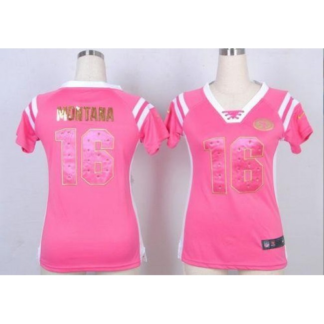 Women's 49ers #16 Joe Montana Pink Stitched NFL Elite Draft Him Shimmer Jersey