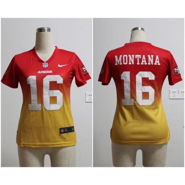 Women's 49ers #16 Joe Montana Red Gold Stitched NFL Elite Fadeaway Jersey