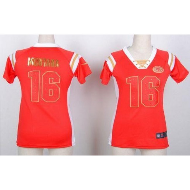 Women's 49ers #16 Joe Montana Red Stitched NFL Elite Light Diamond Jersey