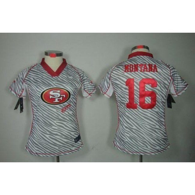 Women's 49ers #16 Joe Montana Zebra Stitched NFL Elite Jersey