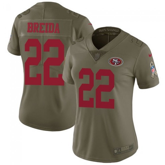 Women's 49ers #22 Matt Breida Olive Stitched NFL Limited 2017 Salute to Service Jersey