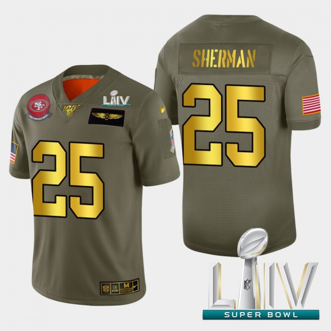 Nike 49ers #25 Richard Sherman Men's Olive Gold Super Bowl LIV 2020 2019 Salute to Service NFL 100 Limited Jersey
