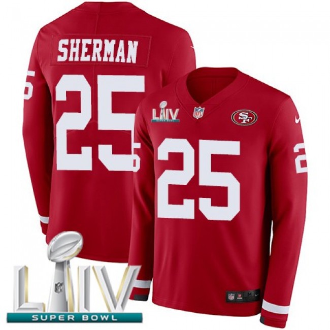 Nike 49ers #25 Richard Sherman Red Super Bowl LIV 2020 Team Color Men's Stitched NFL Limited Therma Long Sleeve Jersey