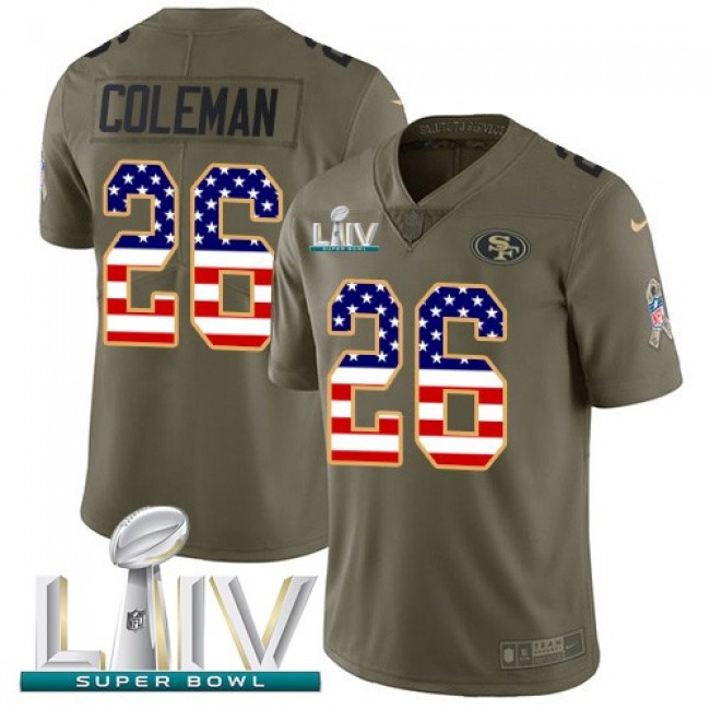 Nike 49ers #26 Tevin Coleman Olive/USA Flag Super Bowl LIV 2020 Men's Stitched NFL Limited 2017 Salute To Service Jersey