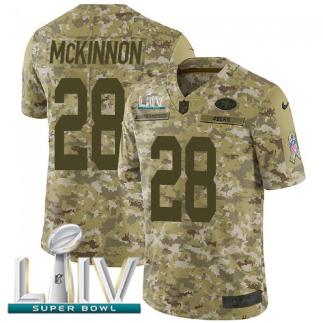 Nike 49ers #28 Jerick McKinnon Camo Super Bowl LIV 2020 Men's Stitched NFL Limited 2018 Salute To Service Jersey