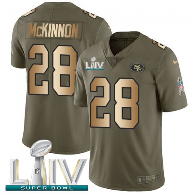 Nike 49ers #28 Jerick McKinnon Olive/Gold Super Bowl LIV 2020 Men's Stitched NFL Limited 2017 Salute To Service Jersey