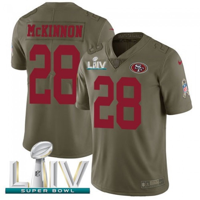 Nike 49ers #28 Jerick McKinnon Olive Super Bowl LIV 2020 Men's Stitched NFL Limited 2017 Salute To Service Jersey