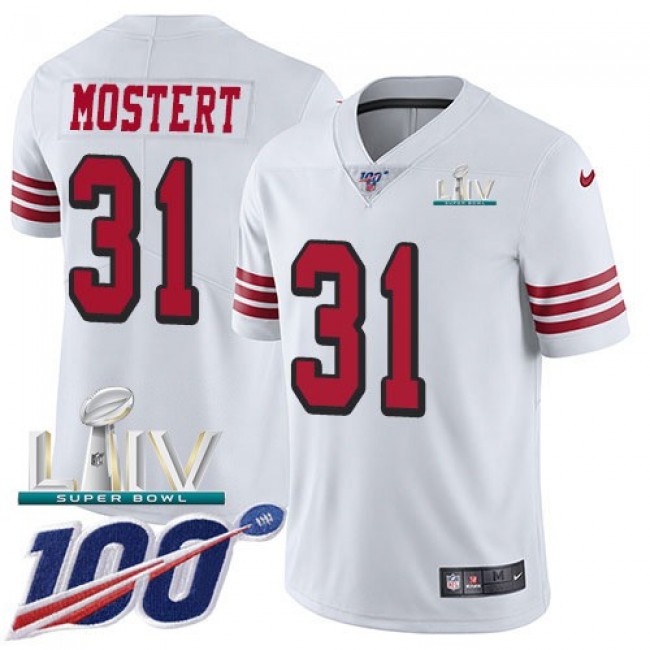 ابطا Nike 49ers #31 Raheem Mostert White Super Bowl LIV 2020 Youth Stitched NFL 100th Season Vapor Untouchable Limited Jersey ابطا