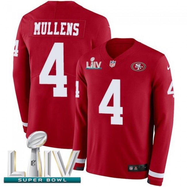 Nike 49ers #4 Nick Mullens Red Super Bowl LIV 2020 Team Color Men's Stitched NFL Limited Therma Long Sleeve Jersey