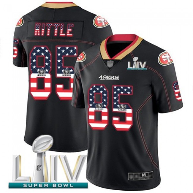 Nike 49ers #85 George Kittle Black Super Bowl LIV 2020 Men's Stitched NFL Limited Rush USA Flag Jersey