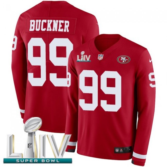 Nike 49ers #99 DeForest Buckner Red Super Bowl LIV 2020 Team Color Men's Stitched NFL Limited Therma Long Sleeve Jersey