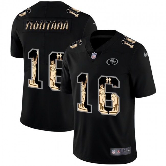 San Francisco 49ers #16 Joe Montana Carbon Black Vapor Statue Of Liberty Limited NFL Jersey