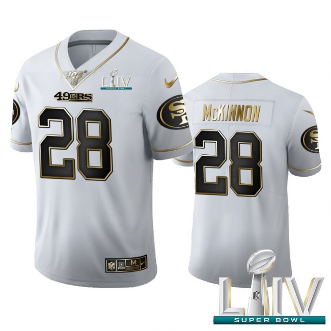 San Francisco 49ers #28 Jerick McKinnon Men's Nike White Golden Super Bowl LIV 2020 Edition Vapor Limited NFL 100 Jersey