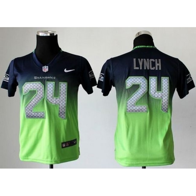 Seattle Seahawks #24 Marshawn Lynch Steel Blue-Green Youth Stitched NFL Elite Fadeaway Fashion Jersey
