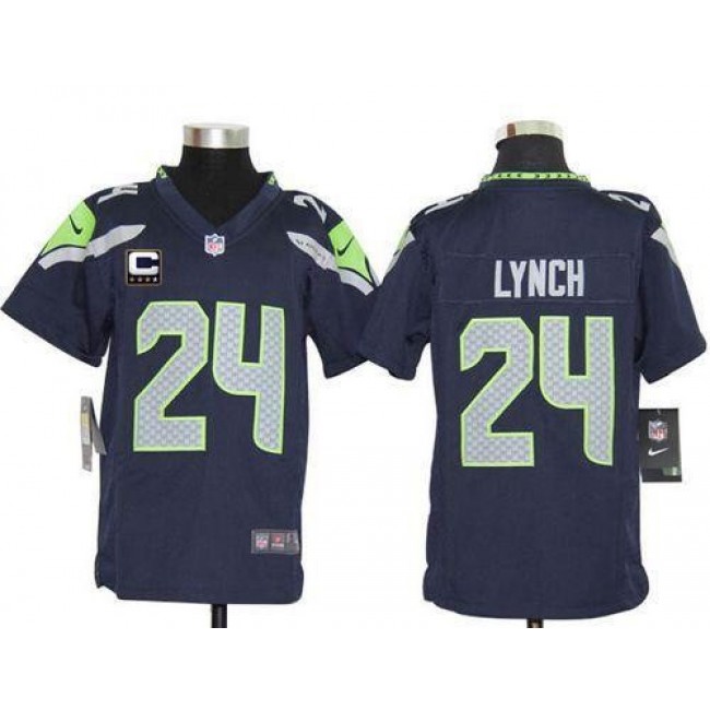 Seattle Seahawks #24 Marshawn Lynch Steel Blue With C Patch Youth Stitched NFL Elite Jersey