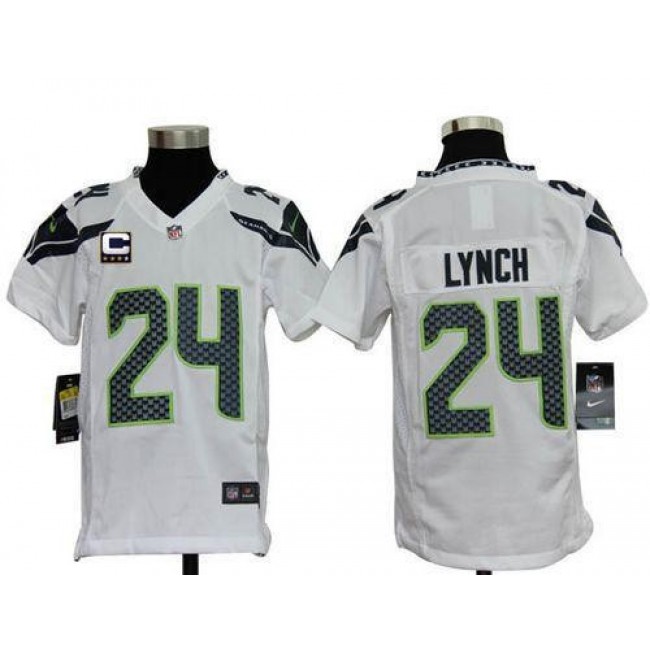 Seattle Seahawks #24 Marshawn Lynch White With C Patch Youth Stitched NFL Elite Jersey