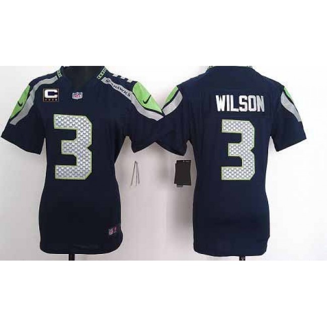Women's Seahawks #3 Russell Wilson Steel Blue Team Color With C Patch Stitched NFL Elite Jersey