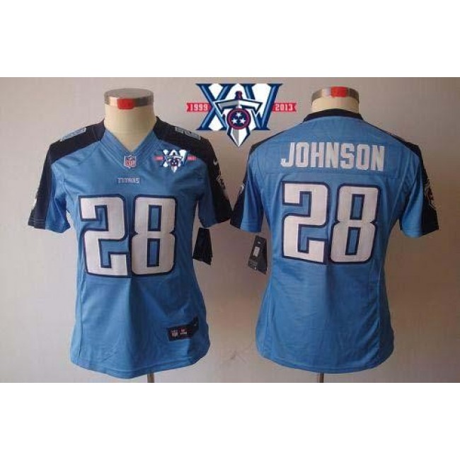 Women's Titans #28 Chris Johnson Light Blue Team Color With 15th Season Patch Stitched NFL Limited Jersey