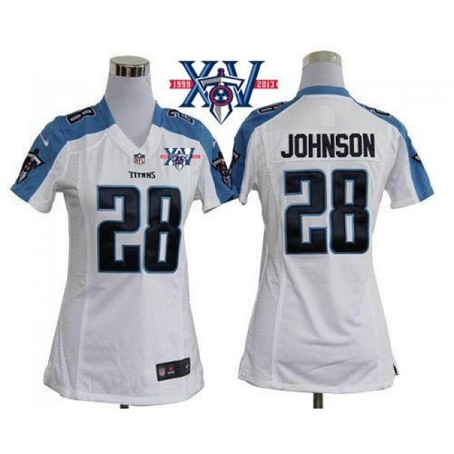 Women's Titans #28 Chris Johnson White With 15th Season Patch Stitched NFL Elite Jersey