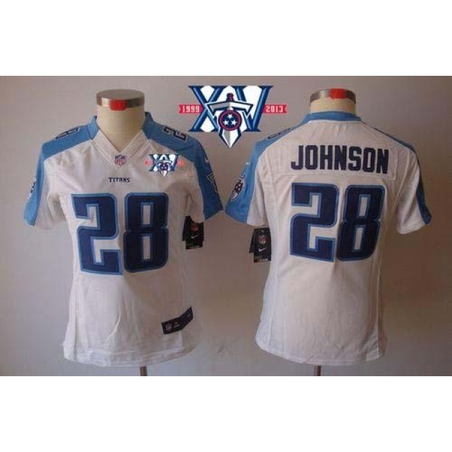 Women's Titans #28 Chris Johnson White With 15th Season Patch Stitched NFL Limited Jersey
