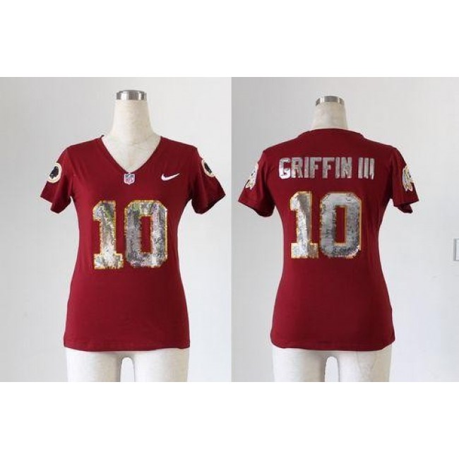 Women's Redskins #10 Robert Griffin III Burgundy Red Team Color Handwork Sequin Lettering Stitched NFL Elite Jersey