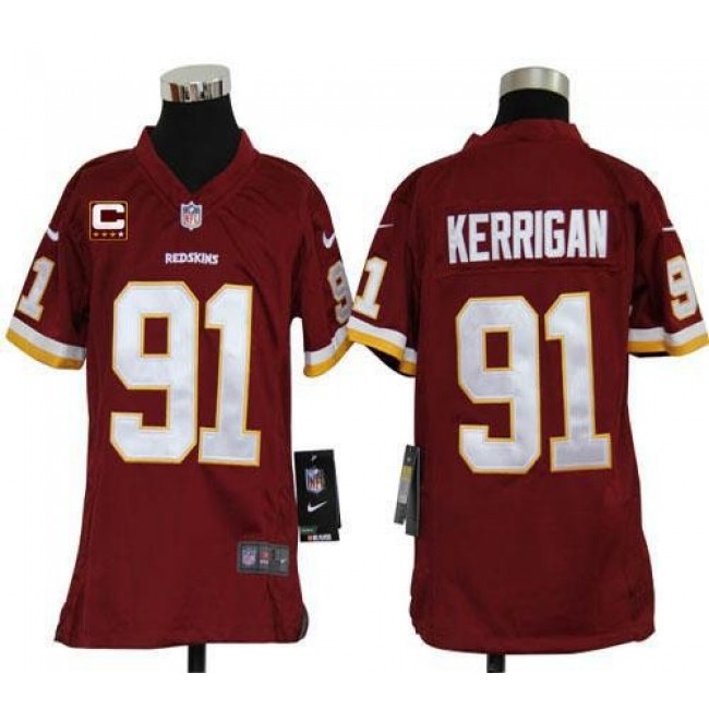 Washington Redskins #91 Ryan Kerrigan Burgundy Red Team Color With C Patch Youth Stitched NFL Elite Jersey